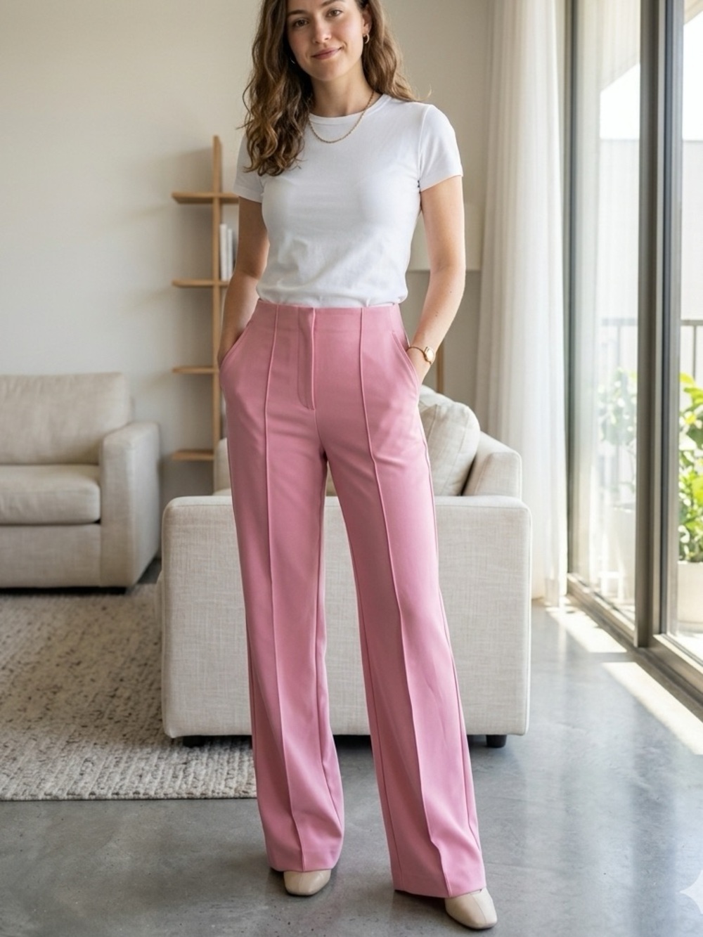 Jules & Leopold Pink Pintuck Wide Leg Pants Sz S High Rise Slit Pockets Stretch